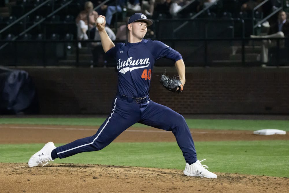 Cam Tilly (#40) winds up for a pitch versus Arkansas in Plainsman Park on March 21st, 2024.