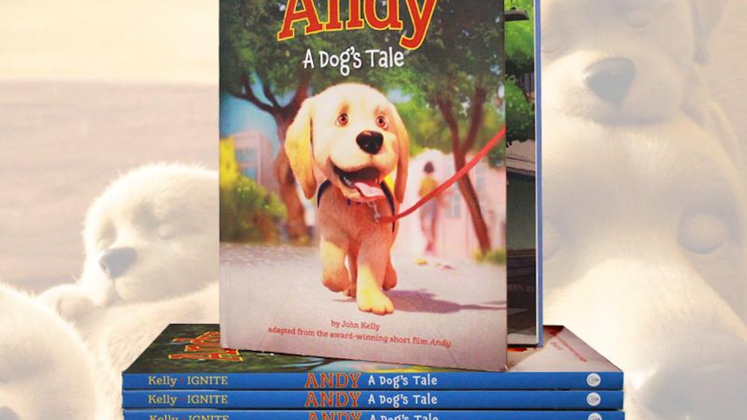 A colorful children's book titled "Andy: A Dog's Tale" features a cheerful cartoon dog on the cover, with multiple copies stacked below it.