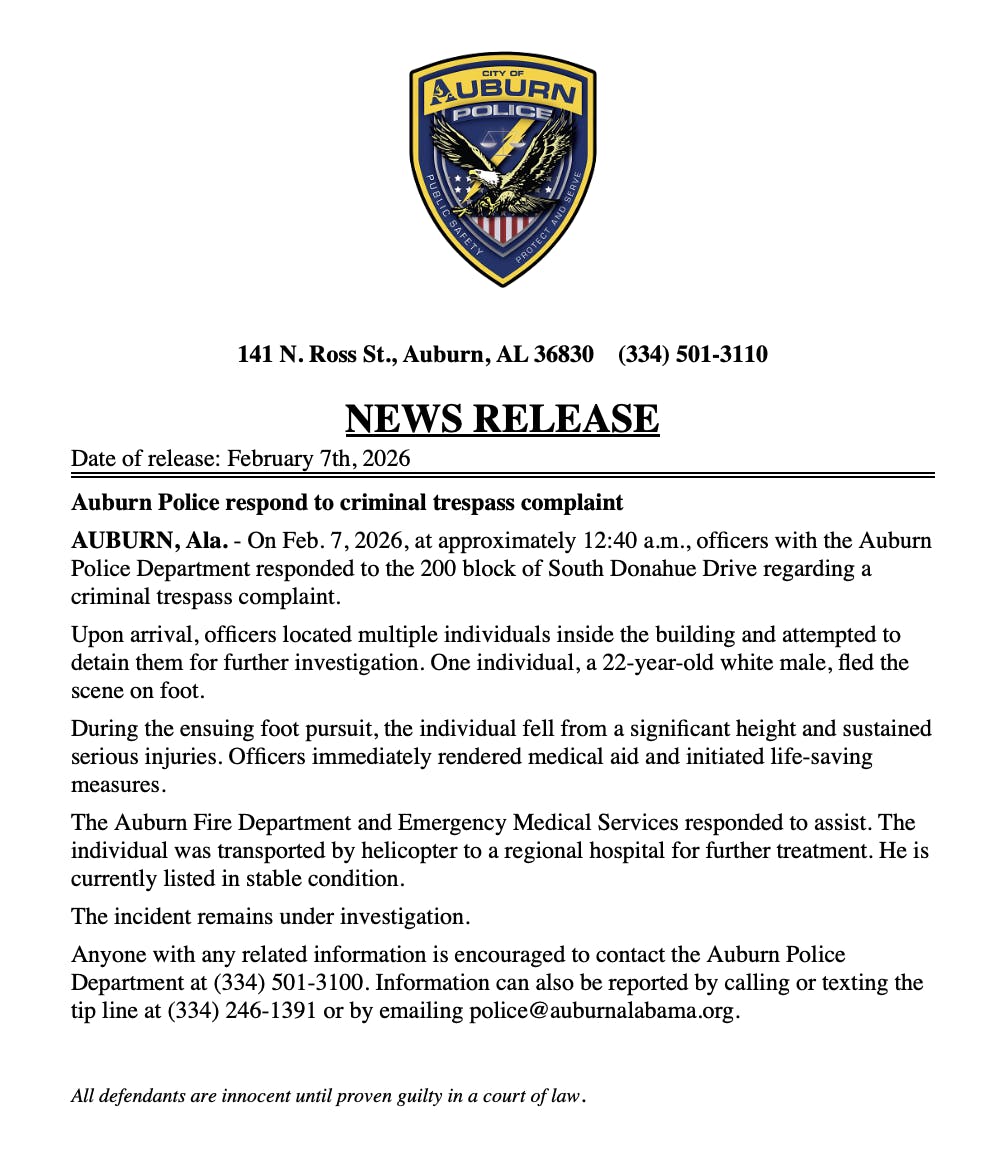 The press release the Auburn Police Department sent regarding the incident on Feb. 7, 2025.