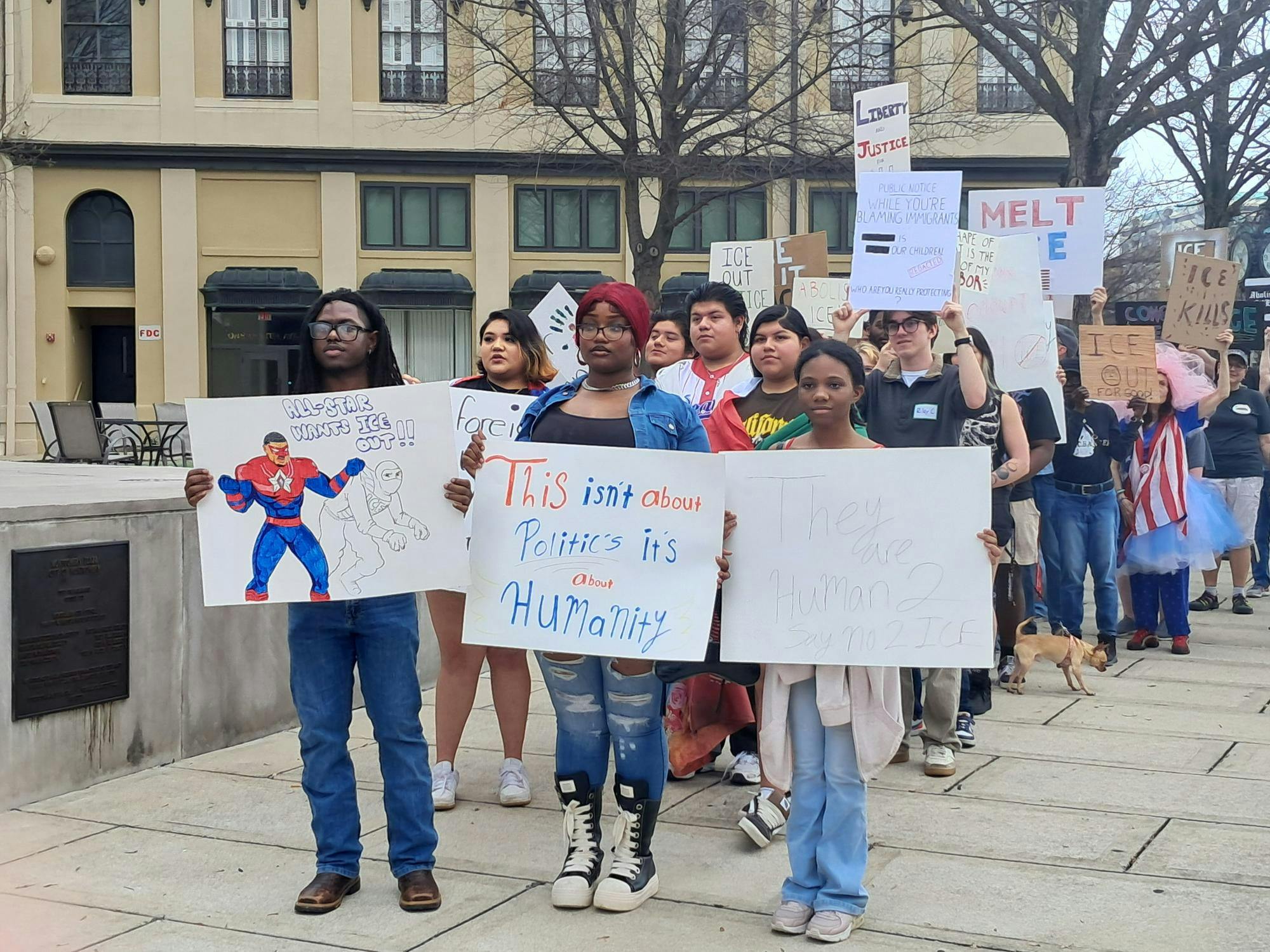 Protesters prepare to begin the "Say No 2 ICE" march on Feb. 21, 2026.