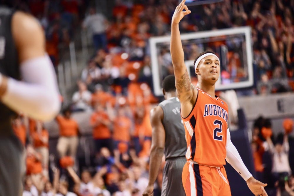 Bryce Brown (2) celebrates a three-point shot during Auburn Men's Basketball vs. Mississippi State on March 2, 2019, in Auburn, Ala.