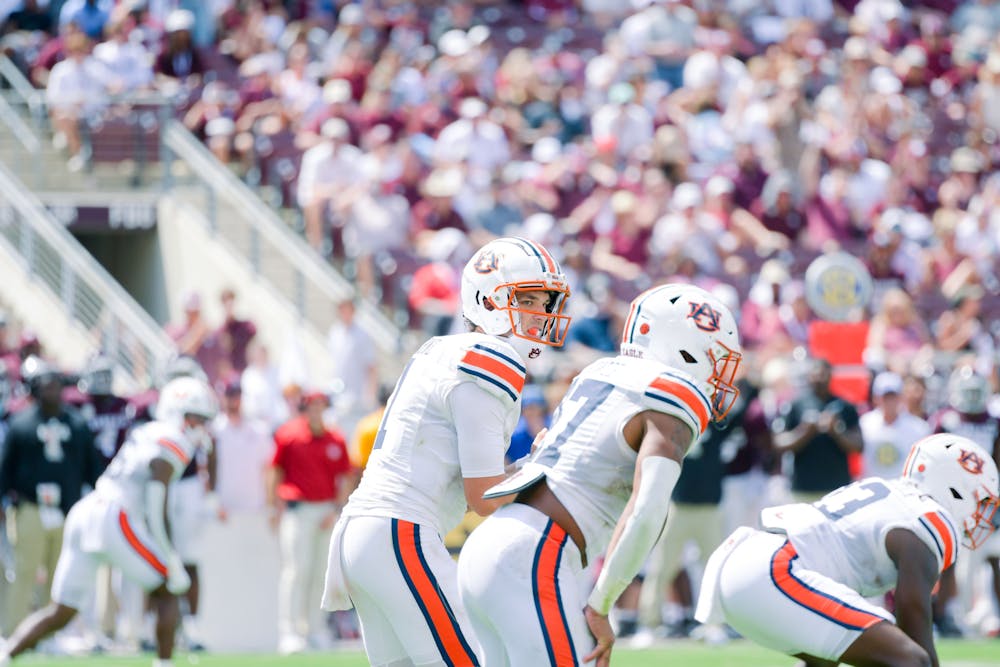 Auburn QB Payton Thorne (1) lines up for a play against Texas A&M on Kyle Field on Sept. 23, 2023. 