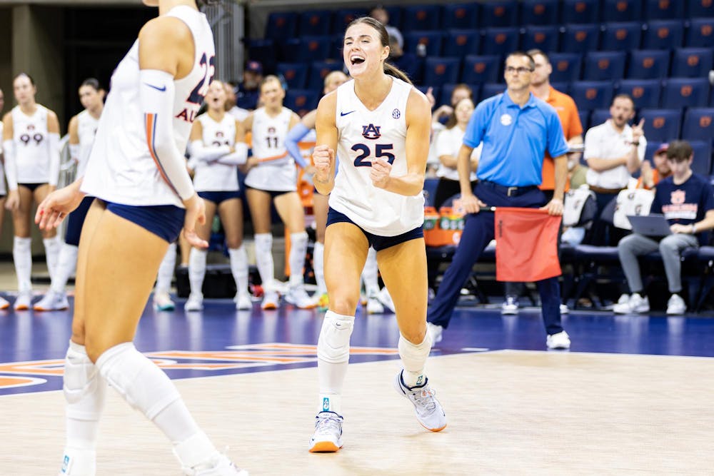 Liz Markovska (#25) celebrates a play during the volleyball game in Neville Arena versus the University of Virginia on Sept. 9, 2025.