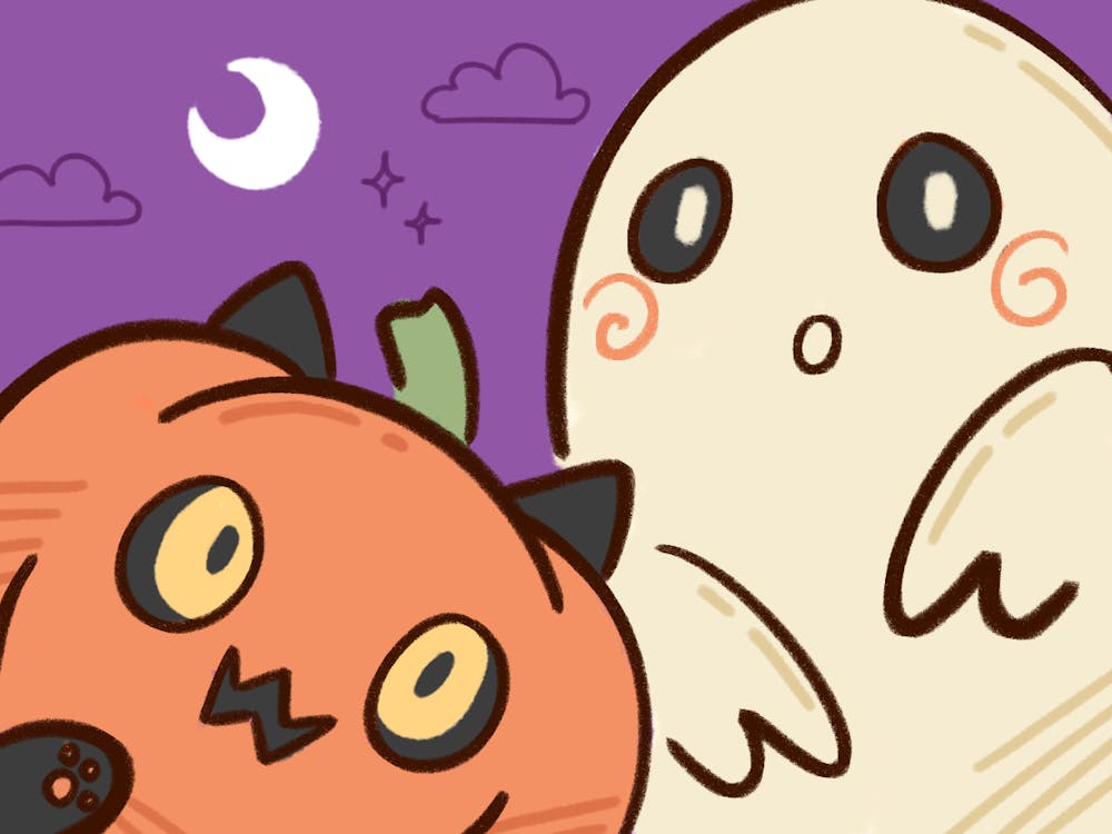 Graphic of a black cat in an orange pumpkin costume and a ghost.
