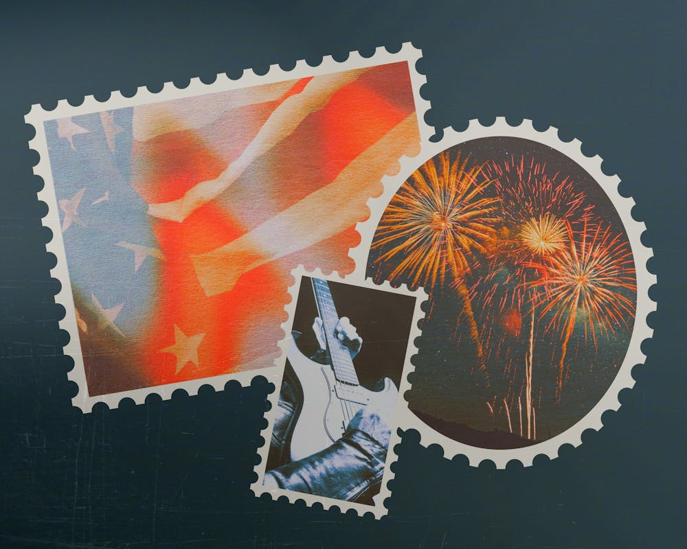 <p>Three postage stamp designs feature an American flag, an electric guitar, and colorful fireworks against a navy background.</p>