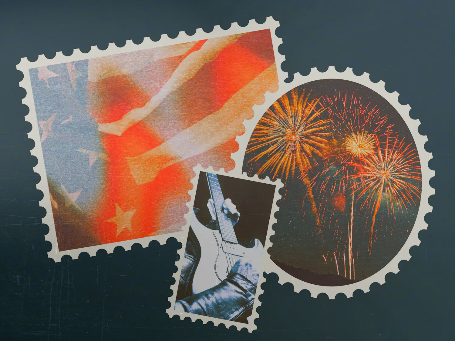 Three postage stamp designs feature an American flag, an electric guitar, and colorful fireworks against a navy background.