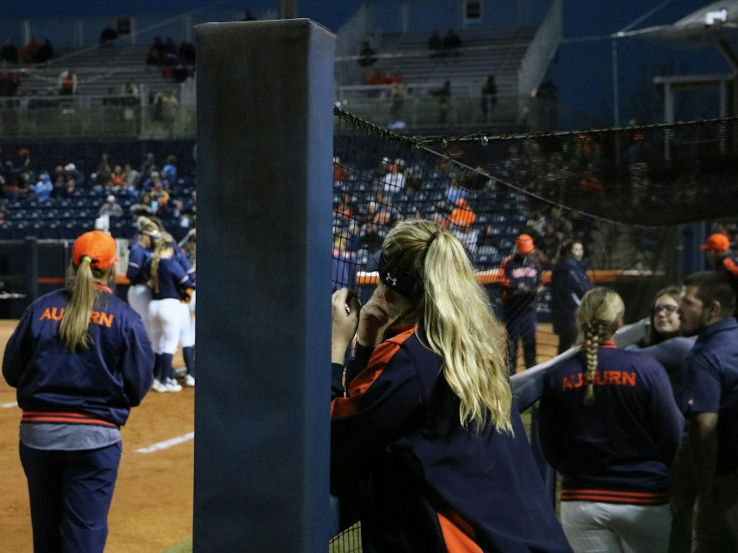 Auburn Tiger pitcher Makayla Martin (29) watches&nbsp;the field after being relieved vs. Kennesaw State University on April 4, 2018, in Auburn, Ala.