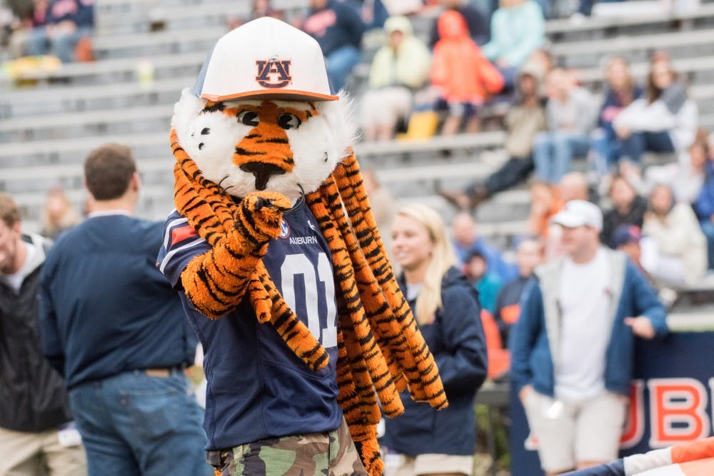 <p>Aubie the Tiger&nbsp;during Auburn's A-Day game on Saturday, April 7, 2018, in Auburn, Ala.</p>