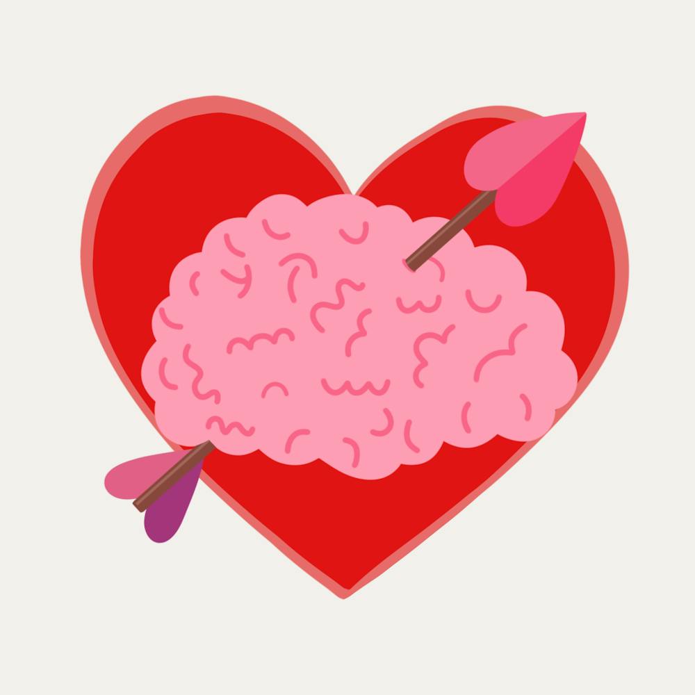 A graphic showing a brain with a cupid arrow through it in front of a heart.