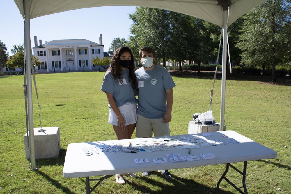 <p>Alli Kangal (left) and Trace Patterson (right) at their Hey Day name tag station on Oct. 14, 2020, in Auburn, Ala.</p>