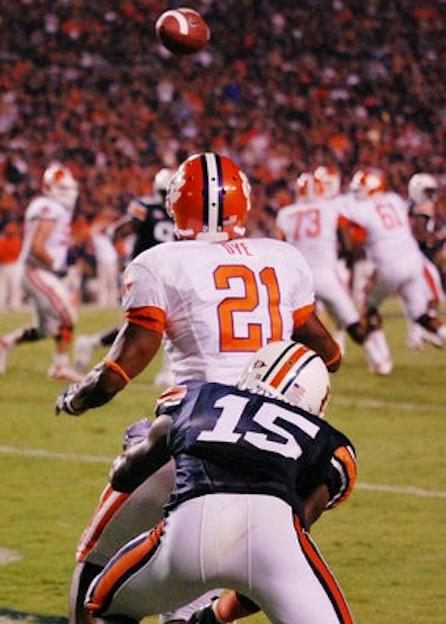 Auburn defensive back Neiko Thorpe tackles an opposing Tiger during the 2010 Auburn vs. Clemson game. (CONTRIBUTED)