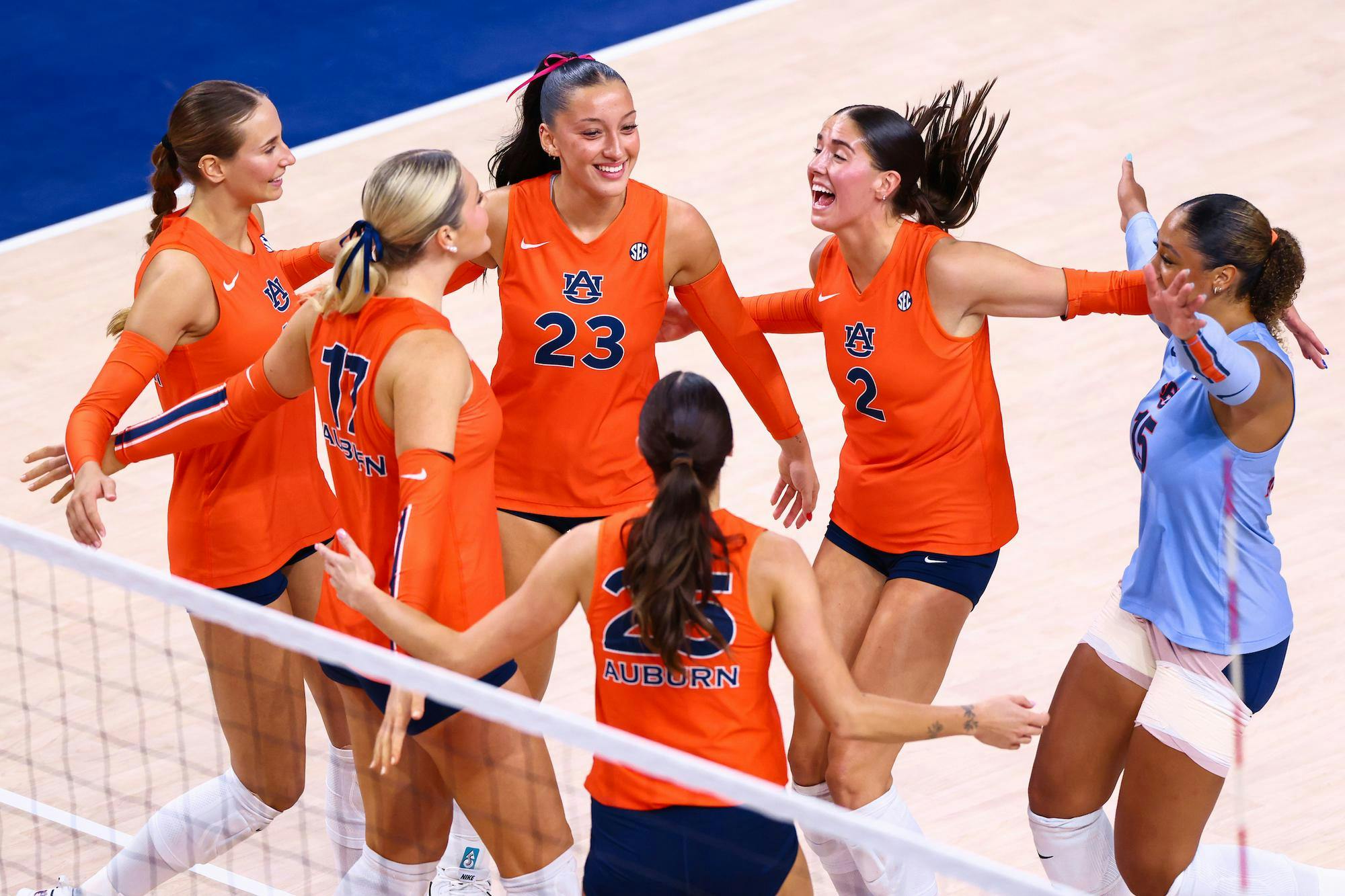 AUBURN, AL - SEPTEMBER 03 - Auburn setter Shanelle Puetz (23) and Auburn outside hitter Lauren Dreves (2) during the game between the Auburn Tigers and the Troy Trojans at Neville Arena in Auburn, AL on Wednesday, Sept. 3, 2025.

Photo by David Gray/Auburn Tigers