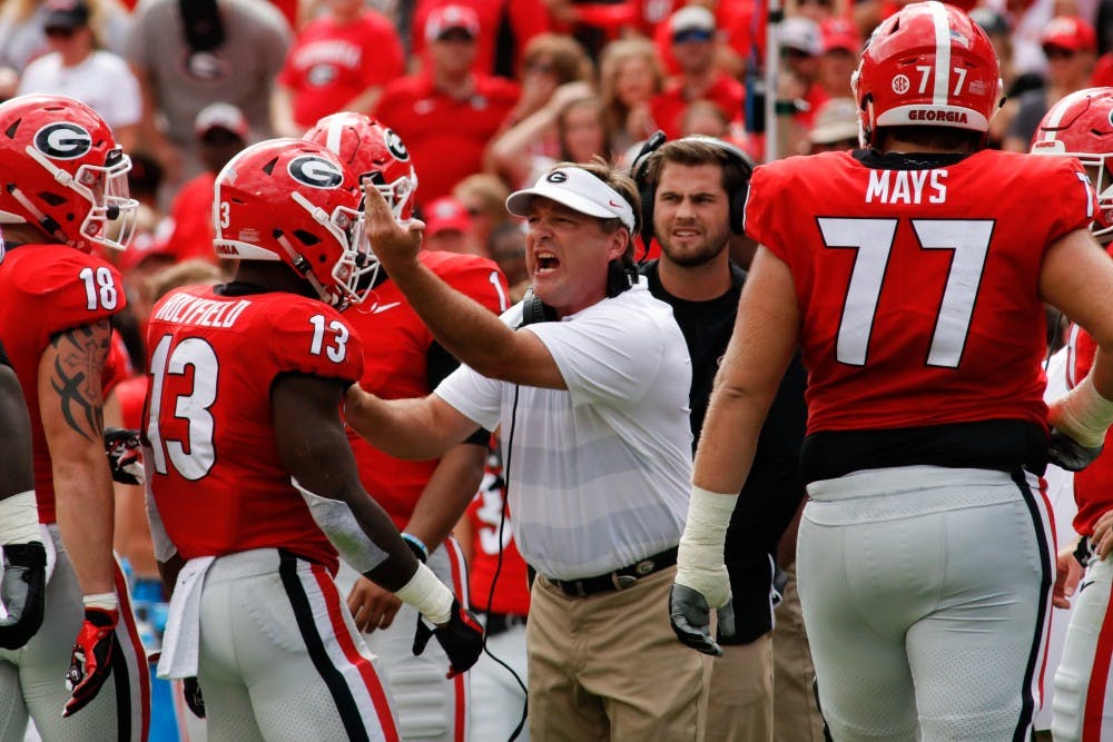 <p>Kirby Smart, head coach of the University of Georgia football team, yells during the University of Georgia vs. Middle Tennessee University football game on Saturday, Sept. 15, 2018, at Sanford Stadium in Athens, Georgia. Photo credit: Tony Walsh / The Red and Black</p>