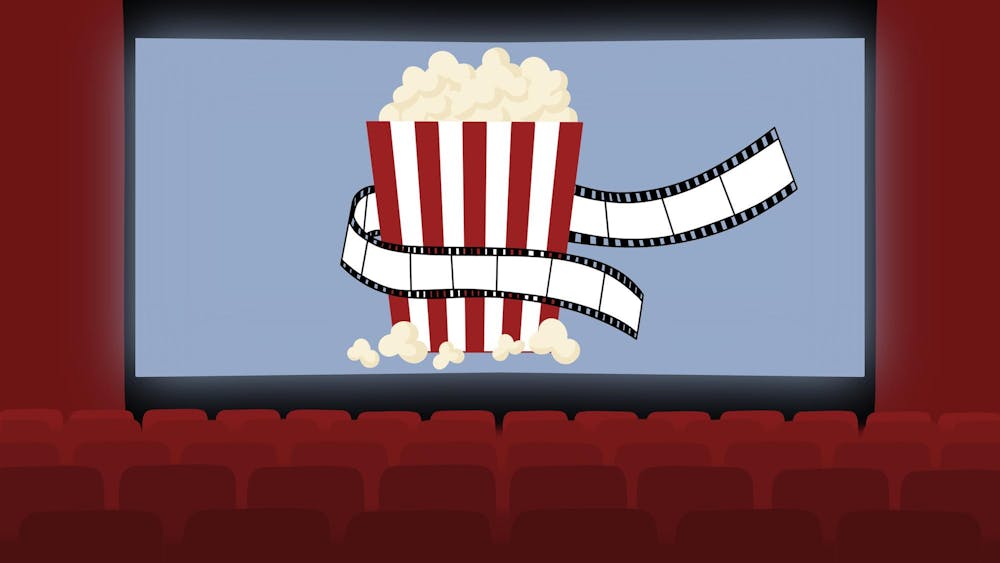 <p>A large popcorn bucket sits prominently in front of a movie screen, with a filmstrip curling around it.</p>