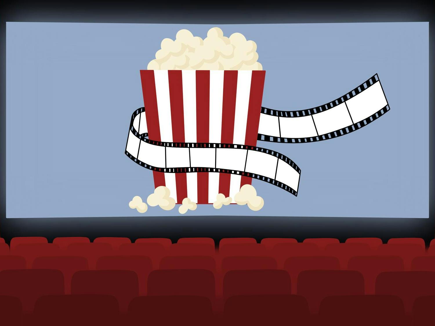 A large popcorn bucket sits prominently in front of a movie screen, with a filmstrip curling around it.
