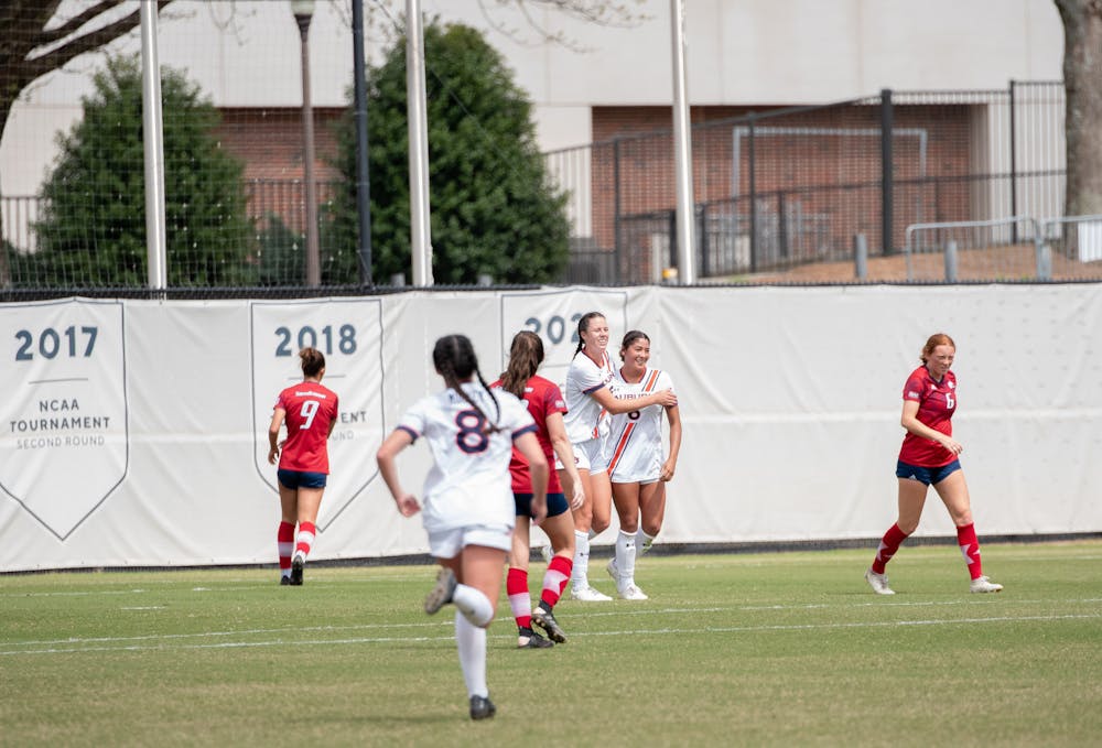 <p>Becky Contreras (#6) for Auburn celebrates her goal in the first half against South Alabama.</p>