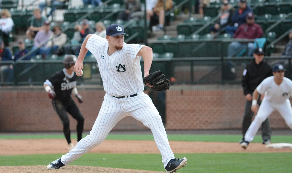 Cody Greenhill pitches&nbsp;during Auburn baseball vs. Mississippi State on April 15, 2018, in Auburn, Ala.