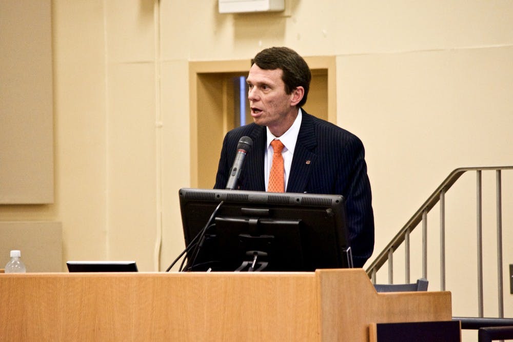 <p>Dean of the Harbert College of Business Dr. Bill Hardgrave speaks welcoming&nbsp;the audience to the Open Speaker Series on Wednesday, Nov. 29, 2017.</p>