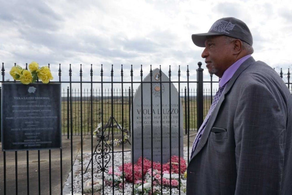 Bernard Lafayette visits the memorial of Viola Liuzzo on Monday, Feb. 19.