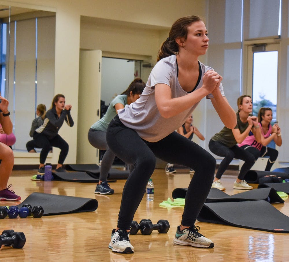<p>Students working out in a fitness class at the Auburn Wellness and Recreation Center on Oct. 25, 2018, in Auburn, Ala.</p>