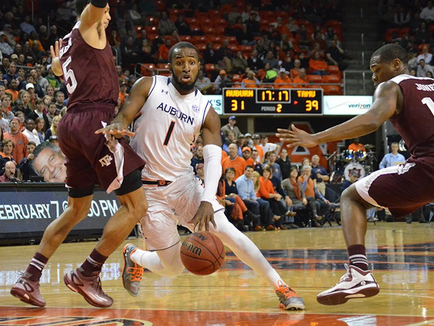 KT Harrell #1 with ball in the second half. Auburn vs Texas A&M in Auburn, AL on Jan 27, 2015. Emily Enfinger | Photo Editor