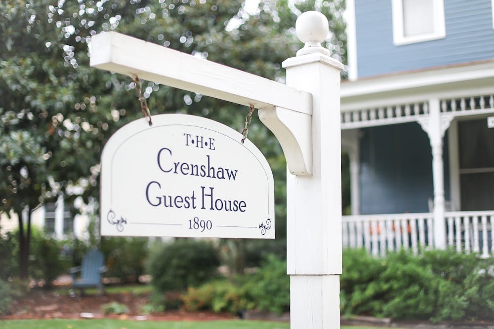 <p>The front sign of Crenshaw Guest House on North College Street Auburn, Ala.</p>