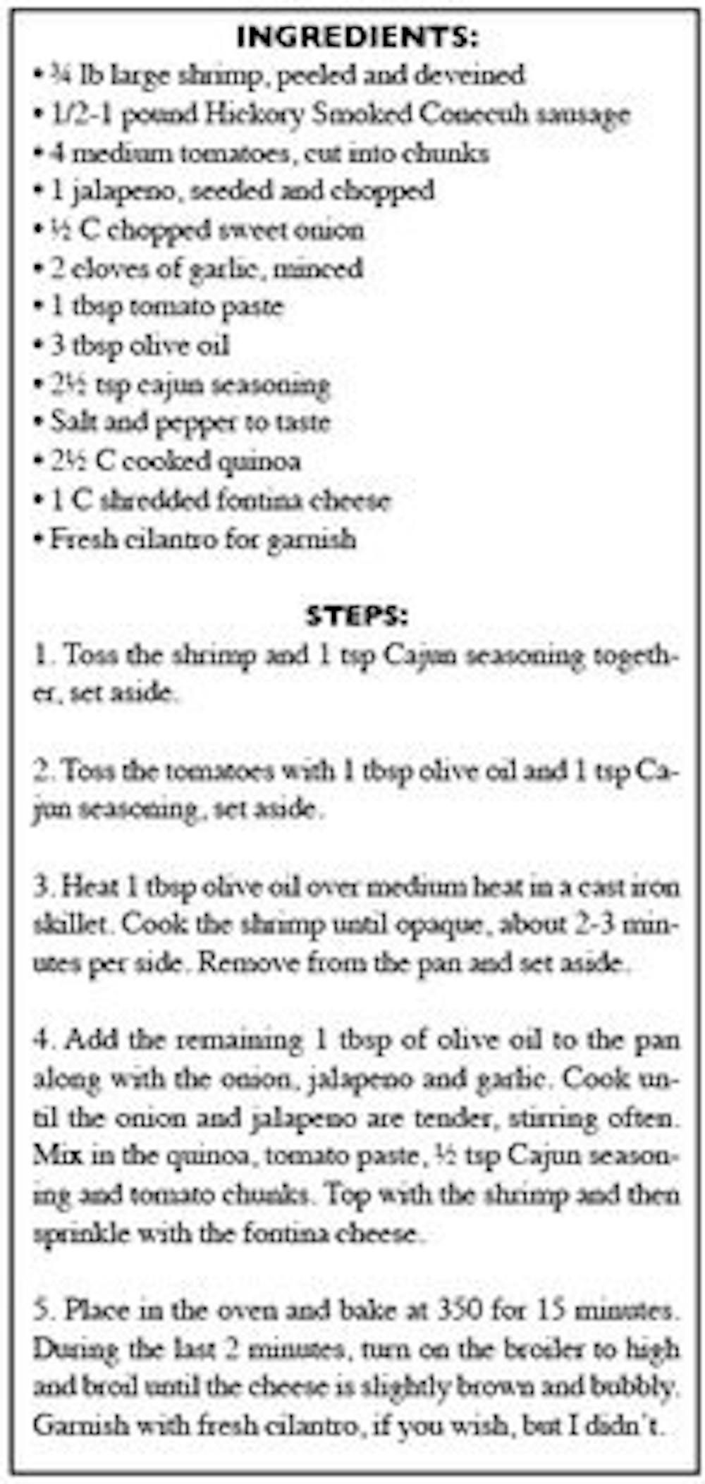 Recipe and directions for Conecuh sausage, shrimp and quinoa casserole