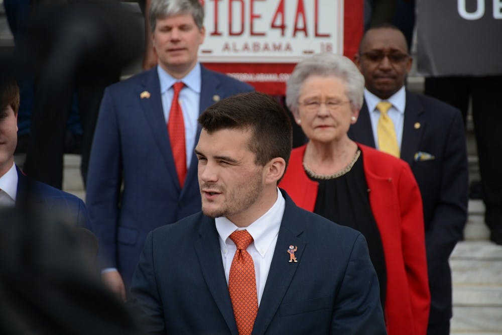 <p>Auburn SGA President Dane Block speaks at a bill signing at the Alabama State Capitol on March 1, 2018.</p>
