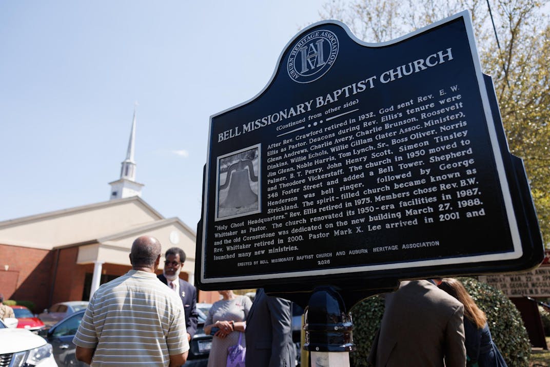 The newly unveiled historic marker sits in front of the Bell Missionary Baptist Church on Sunday, March 22, 2026 in Auburn, Ala.