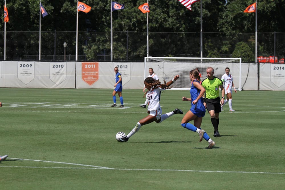 Jordyn Crosby (31) prepares to launch the ball towards the FGCU goal on Jane B. Moore Field during the Auburn University Women's Soccer game against FGCU on Sunday, Sept. 7, 2025.