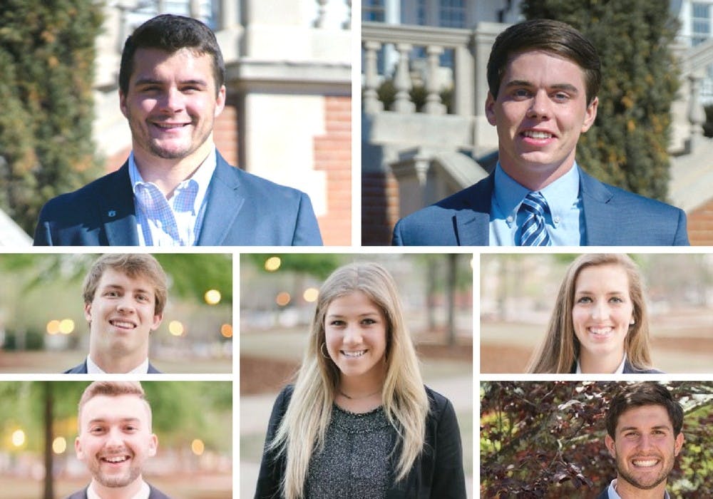 Counterclockwise from top left: Dane Block, president; Dixon Simmons, treasurer; Jordan Kramer, EVP outreach; Schyler Burney, vice president; Austin Chandler, EVP initiatives; Ally Arthur, executive secretary; Patrick Starr, EVP programs. Not pictured: Chief of Staff Mackenzie Yelton, EVP Communications and Marketing Bailey Hand.