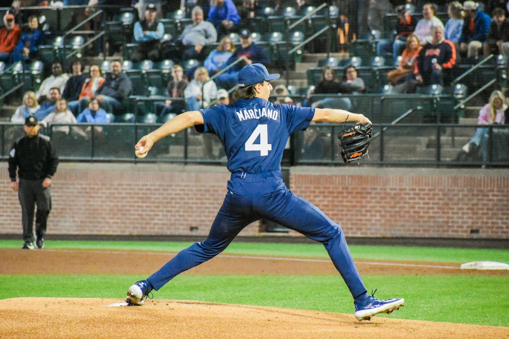 Jake Marciano (4) throws the first pitch in Plainsman Park against Youngstown State on February 13, 2026. 
