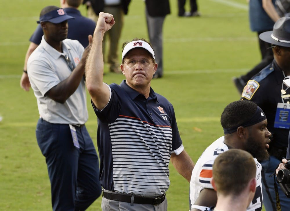 <p>Auburn coach Gus Malzahn celebrates with the crowd as he leaves the field. Auburn vs Texas A&amp;M on Saturday, Sept. 21, 2019 in College Station, TX.</p>