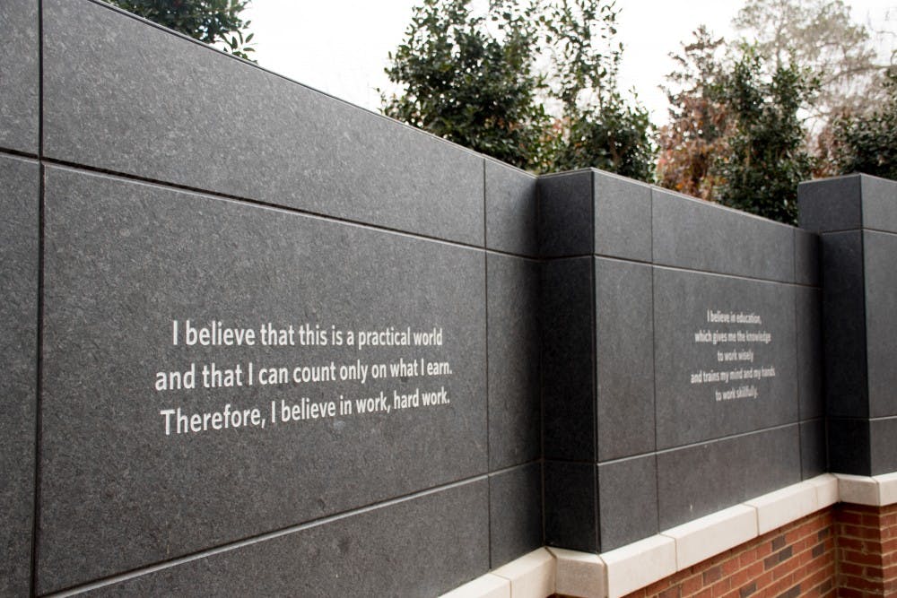 <p>The Auburn Creed is displayed at the Auburn Memorial in Auburn, Ala, on Friday, Jan. 12, 2018. The memorial opened in November 2016 in the Garden of Memory.</p>