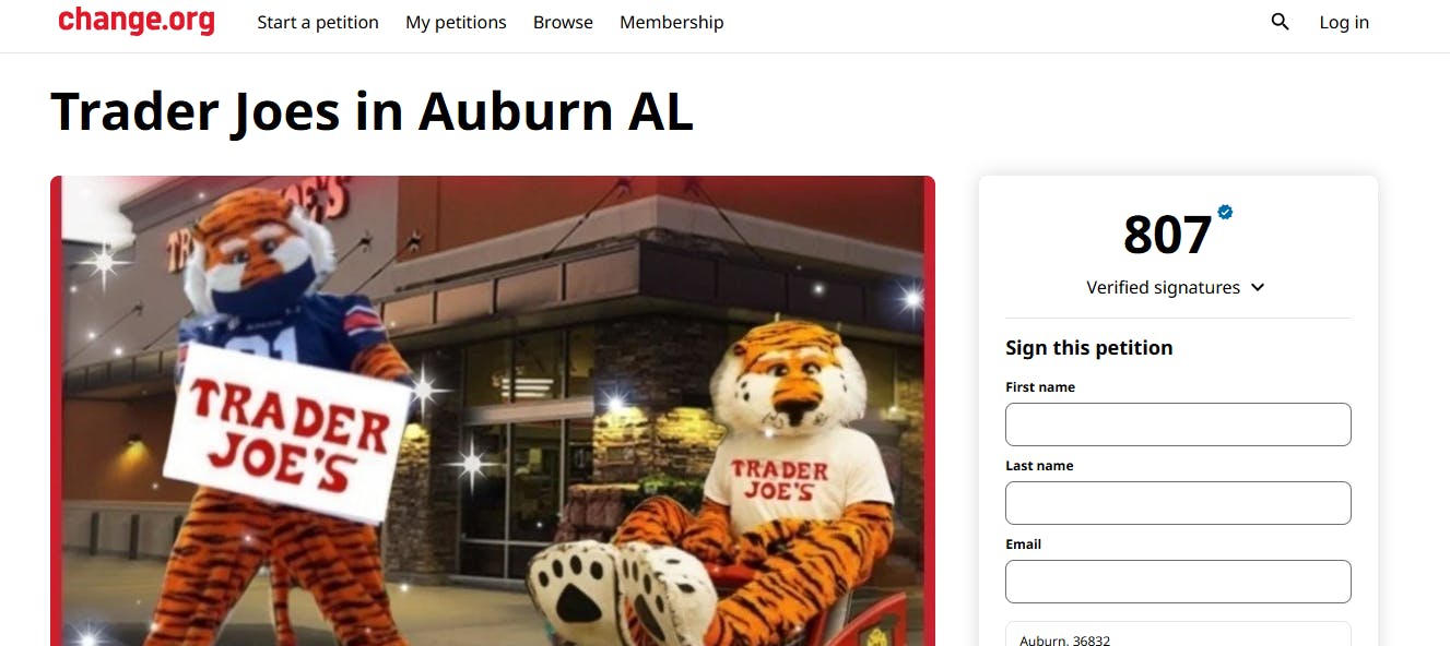 Trader Joes petition screenshot