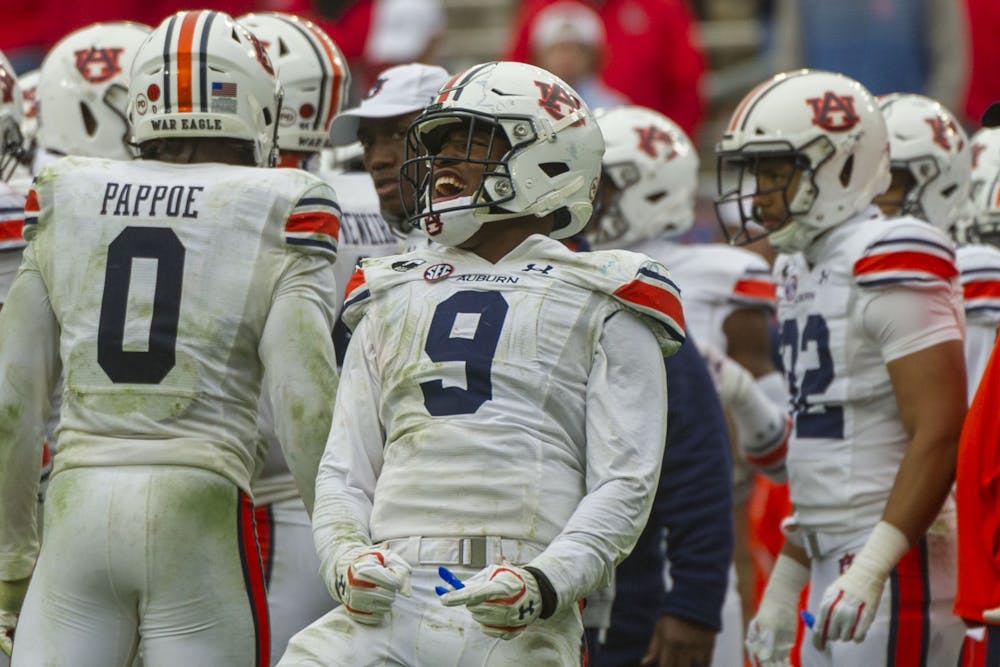 <p>Auburn Tigers linebacker Zakoby McClain (9) reacts during the second half against the Mississippi Rebels at Vaught-Hemingway Stadium on Oct 24, 2020; Oxford, Mississippi, USA. Photo via: Justin Ford-USA TODAY Sports</p>