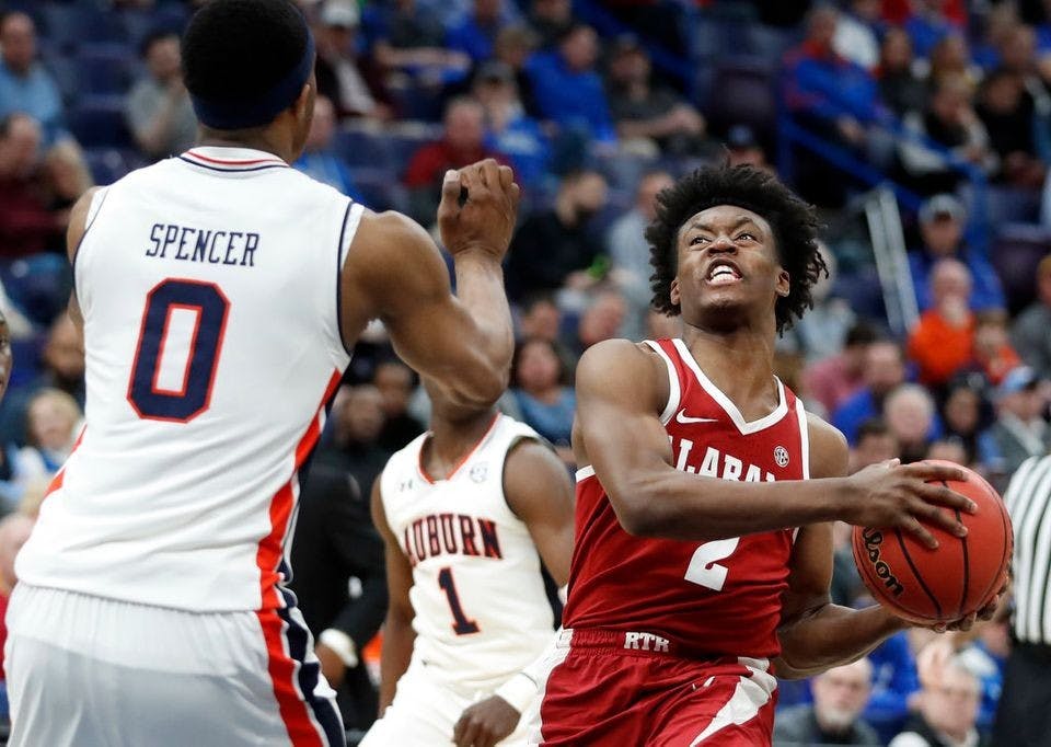 Collin Sexton #2 of the Alabama Crimson Tide shoots the ball against the Auburn Tigers during the quarterfinals round of the 2018 SEC Basketball Tournament at Scottrade Center on March 9, 2018 in St Louis, Missouri. (Photo by Andy Lyons/Getty Images)