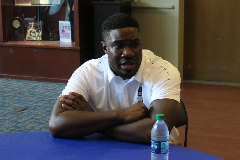 Co-Offensive Coordinator Kodi Burns&nbsp;being interviewed on  August 16, 2018.