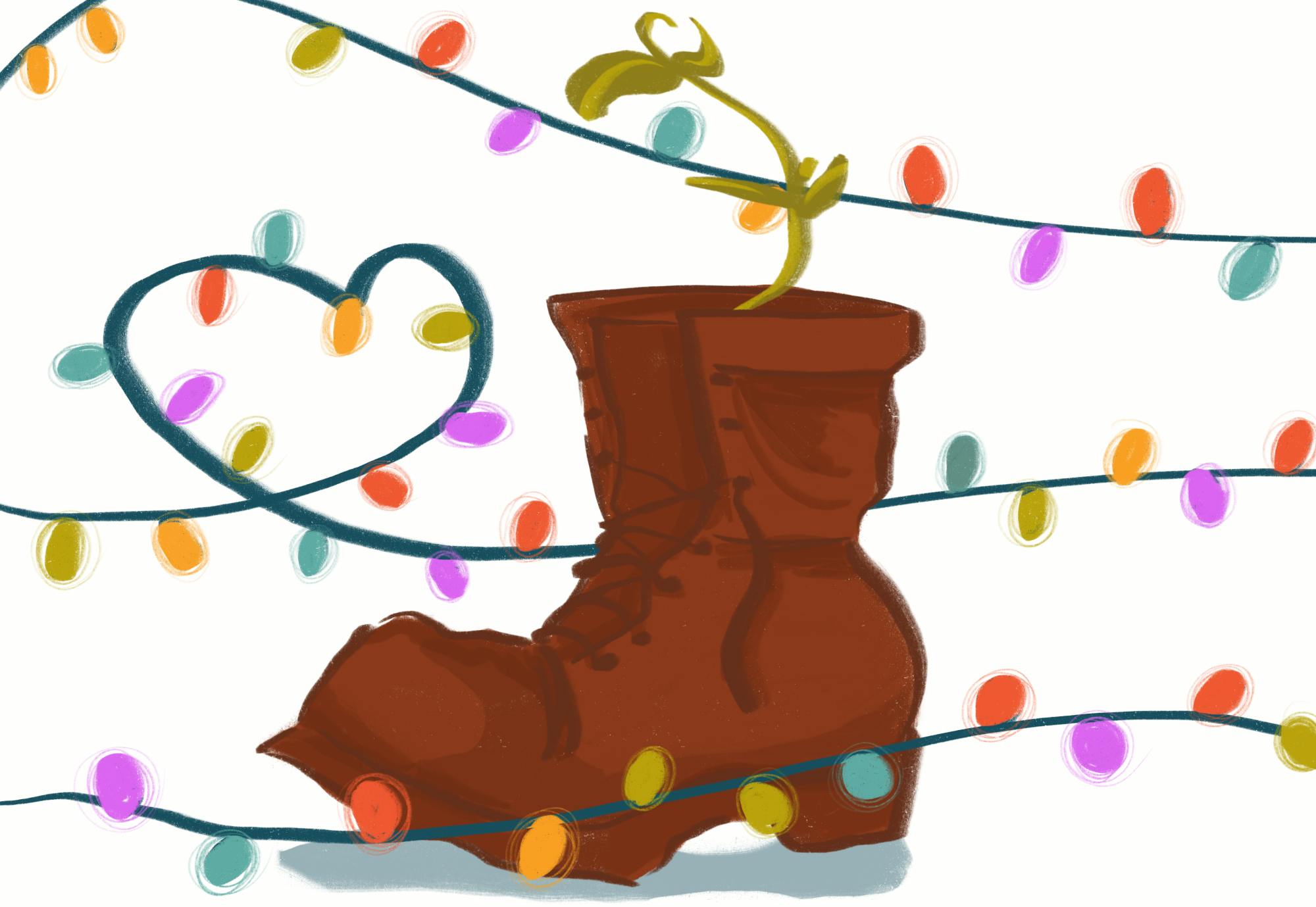 A green plant grows inside an old dirty boot, and the scene is surrounded by bright, colorful string lights.