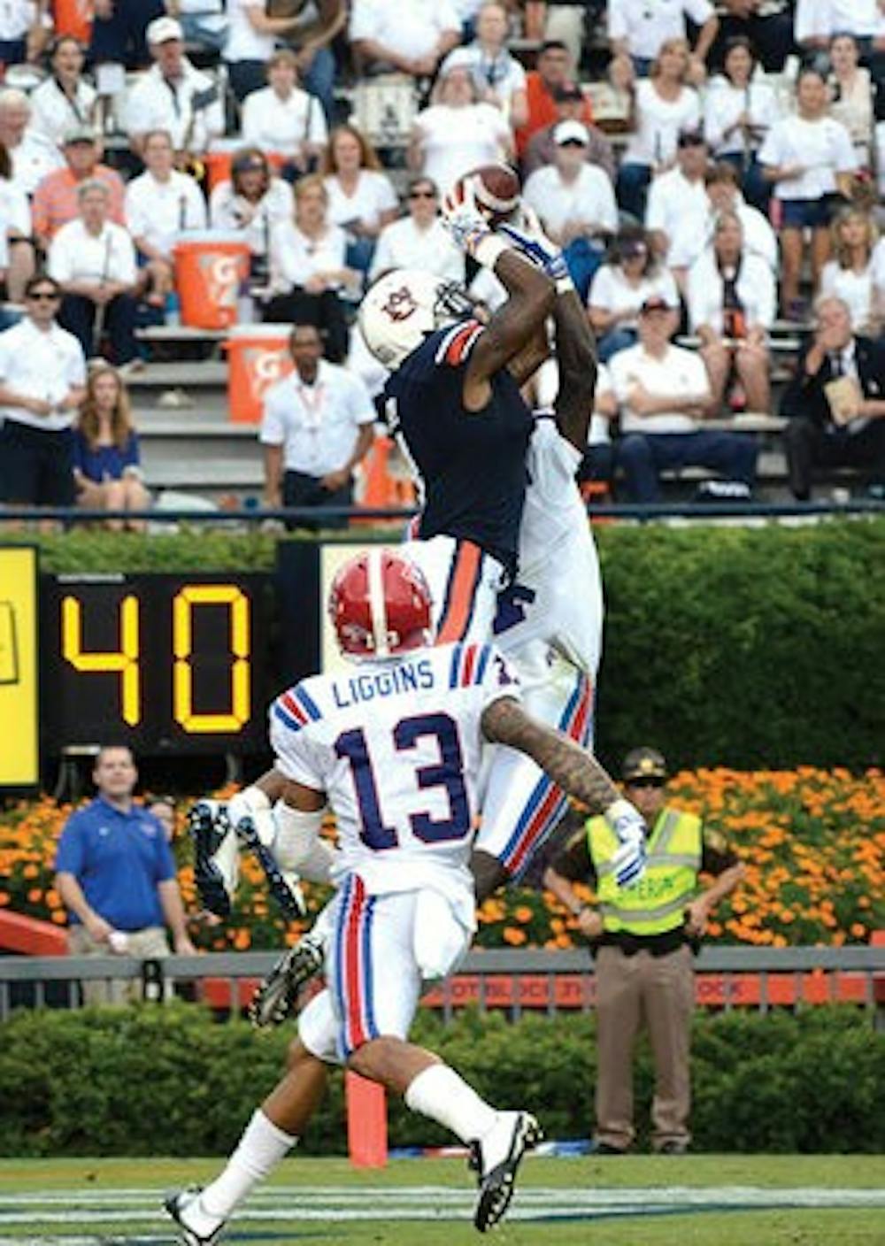 Quan Bray jumps up for one of his three touchdowns against La. Tech, this one being a 44-yard touchdown grab. (Sarah May / Photographer)