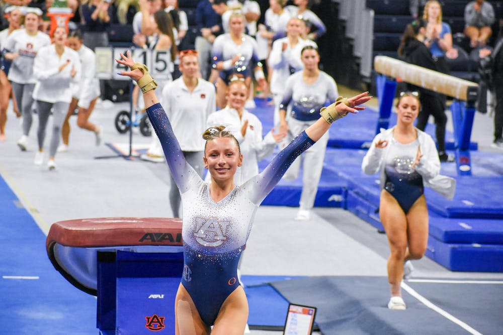 <p>Mia Leverton competes on vault against Michigan State in Neville Arena in Auburn, AL on March 6, 2026.</p>