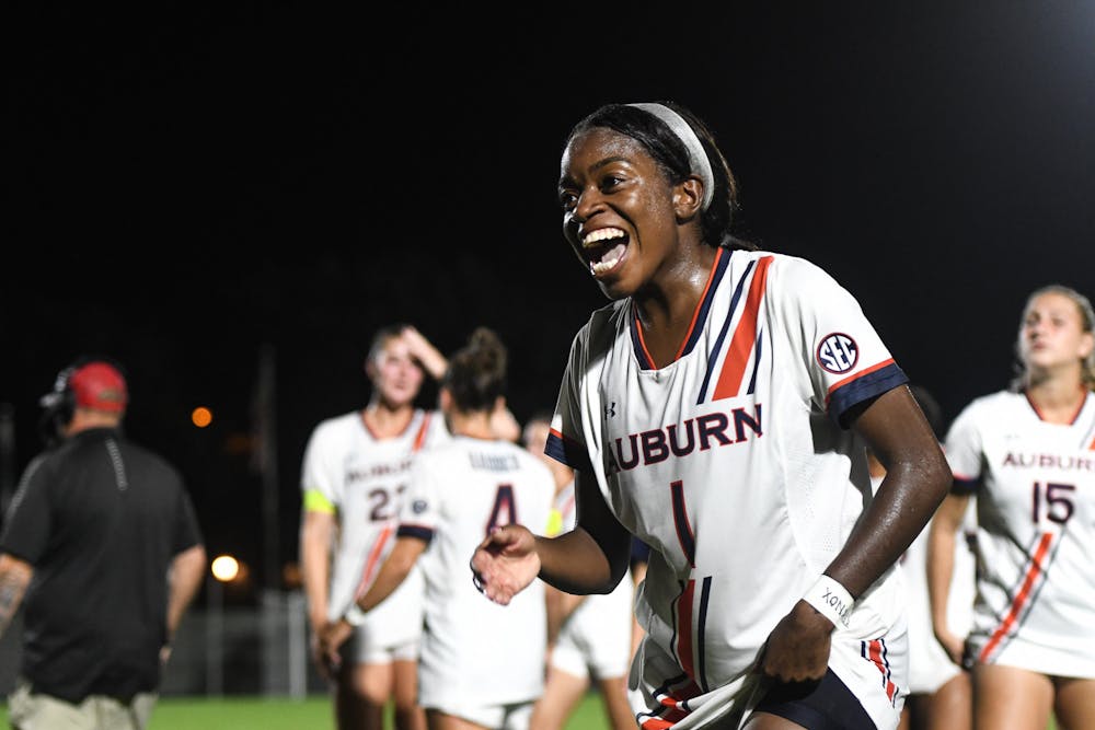 Auburn senior Hailey Whitaker (1) smiles at the crowd after a match between Auburn and Old Dominion at the Auburn Soccer Complex on August 18, 2022.