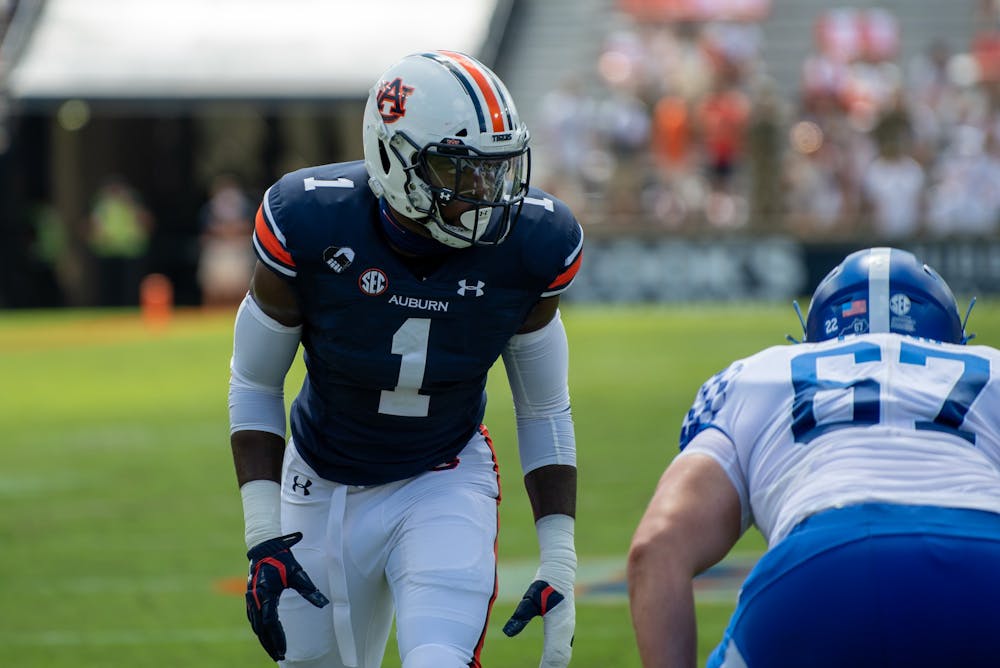 Big Kat Bryant (1) lines up prior to the snap during Auburn Football vs. Kentucky on Saturday, Sept. 26, 2020, in Auburn, Ala.