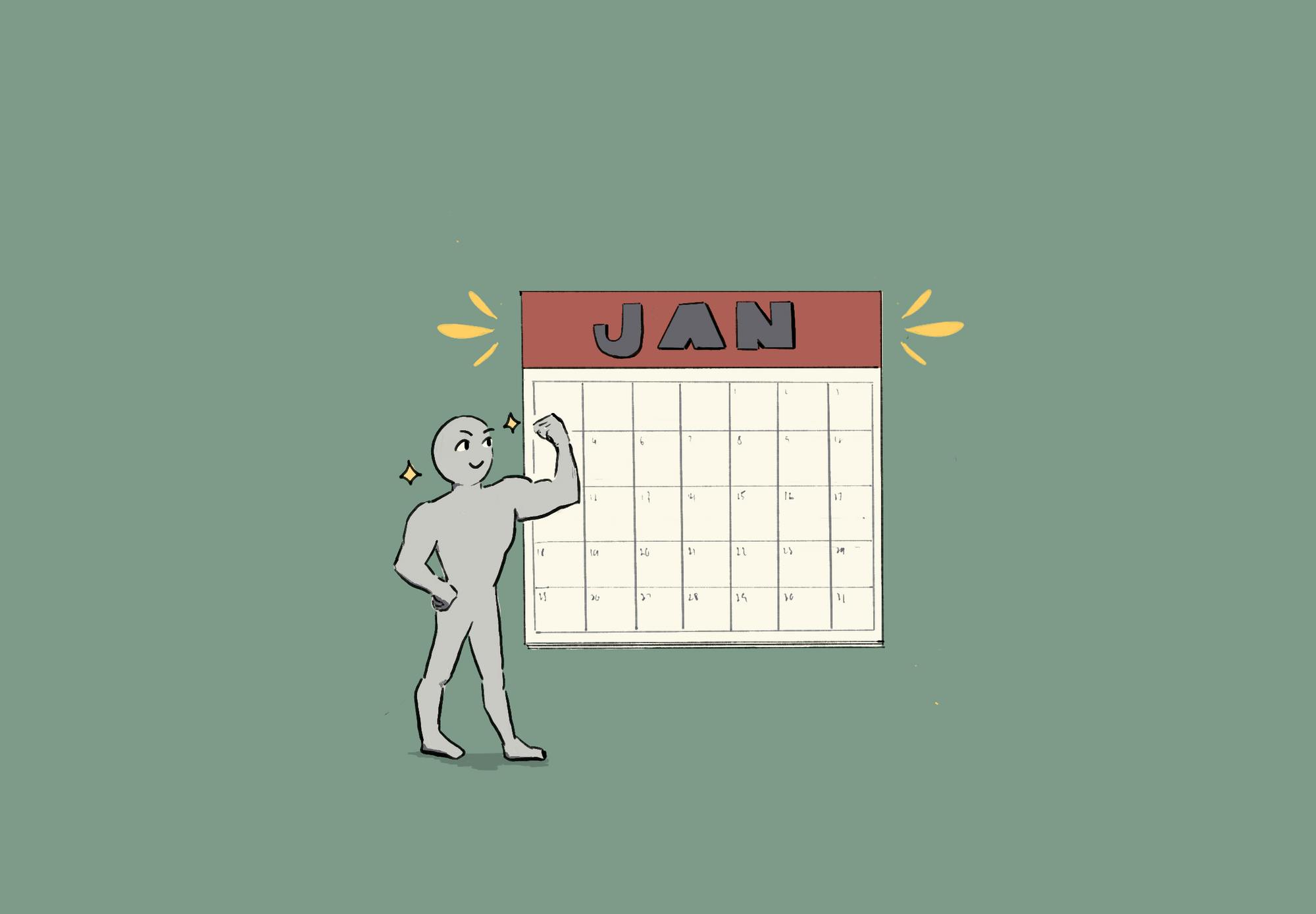 An illustration of a gray figure flexing its biceps next to a calendar for the month of January.