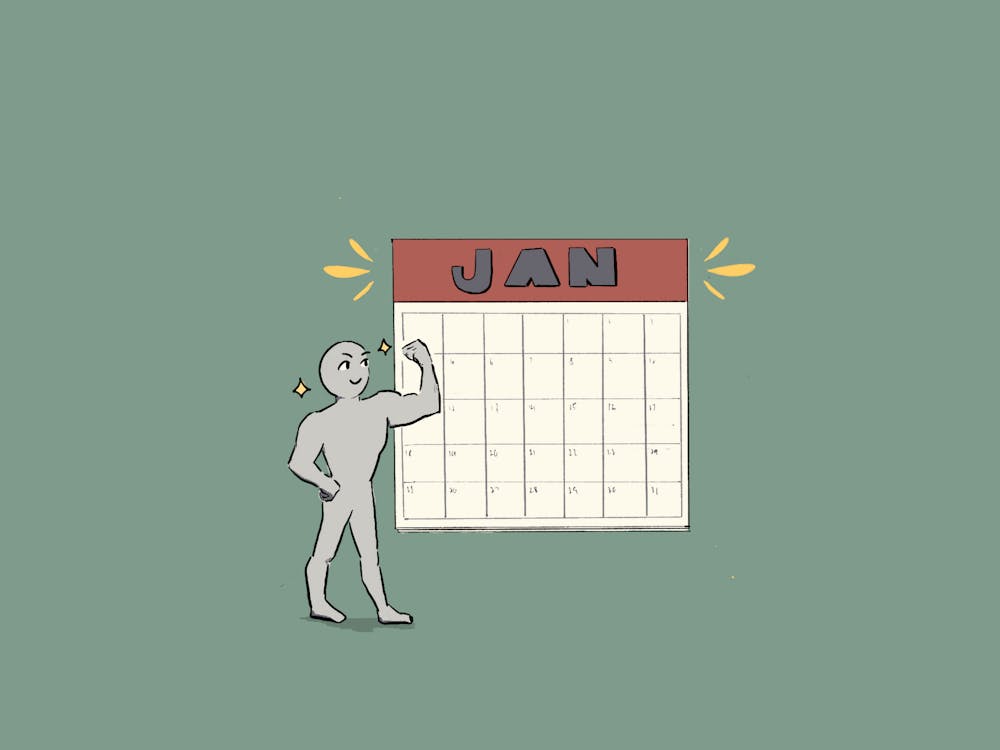 An illustration of a gray figure flexing its biceps next to a calendar for the month of January.