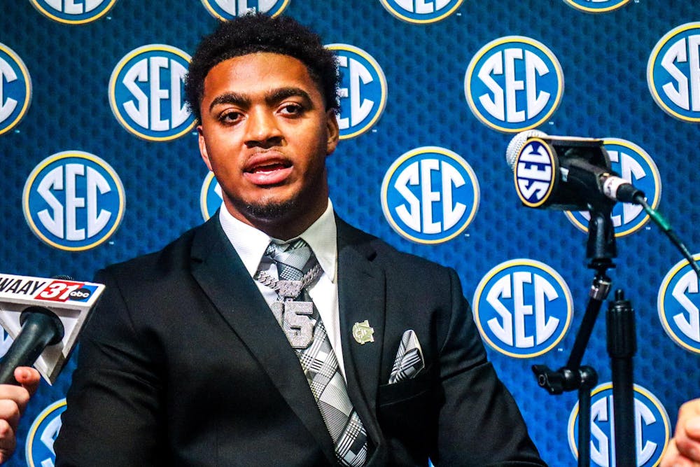 Keldric Faulk speaks to the media at SEC Media Days 2025.
