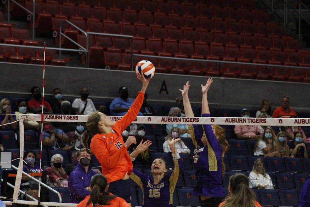<p>Auburn's Val Green hits the ball during a match against North Alabama on Sept. 9, 2021, at Auburn Arena in Auburn, Alabama.</p>