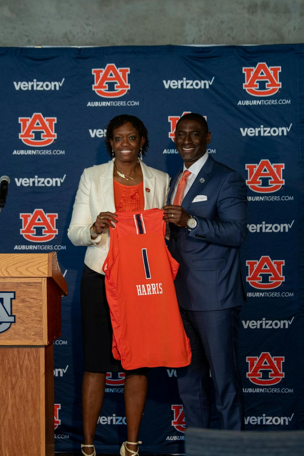 Johnnie Harris the new Auburn Women's Basketball coach stands with Allen Green at her formal introduction ceremony on Monday, April 5, 2021, in Auburn, Ala. 