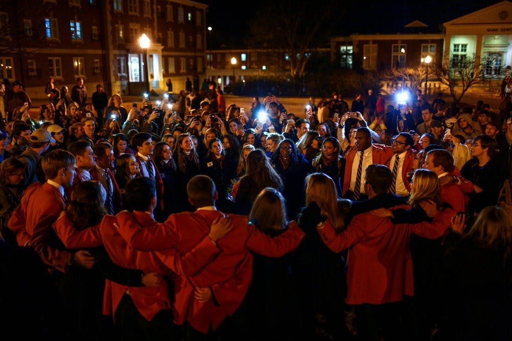 The War Eagle Girls and Plainsmen sing to Lauren Jones, Miss Auburn 2015, after the SGA and Miss Auburn callouts Feb 10, 2015. (File photo) 