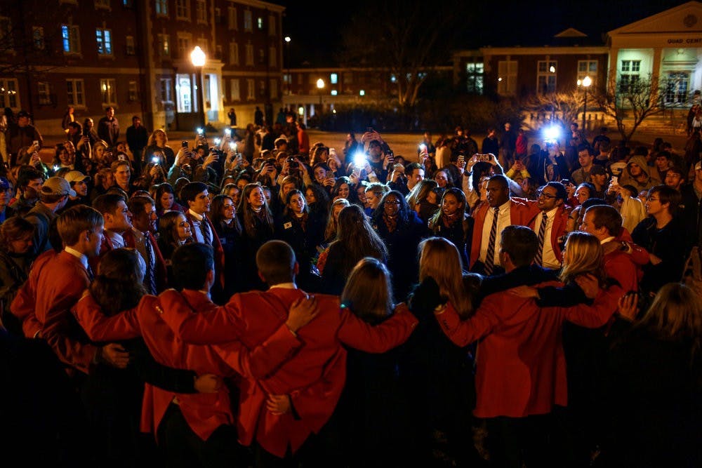 <p>The War Eagle Girls and Plainsmen sing to Lauren Jones, Miss Auburn 2015, after the SGA and Miss Auburn callouts Feb 10, 2015. (File photo) </p>